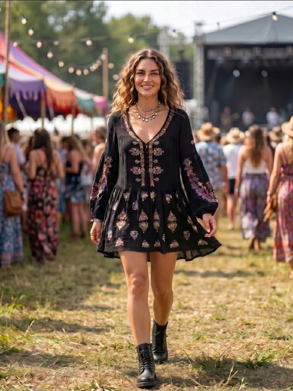 Free People Ariana Black Embroidered Long‑Sleeve Tunic